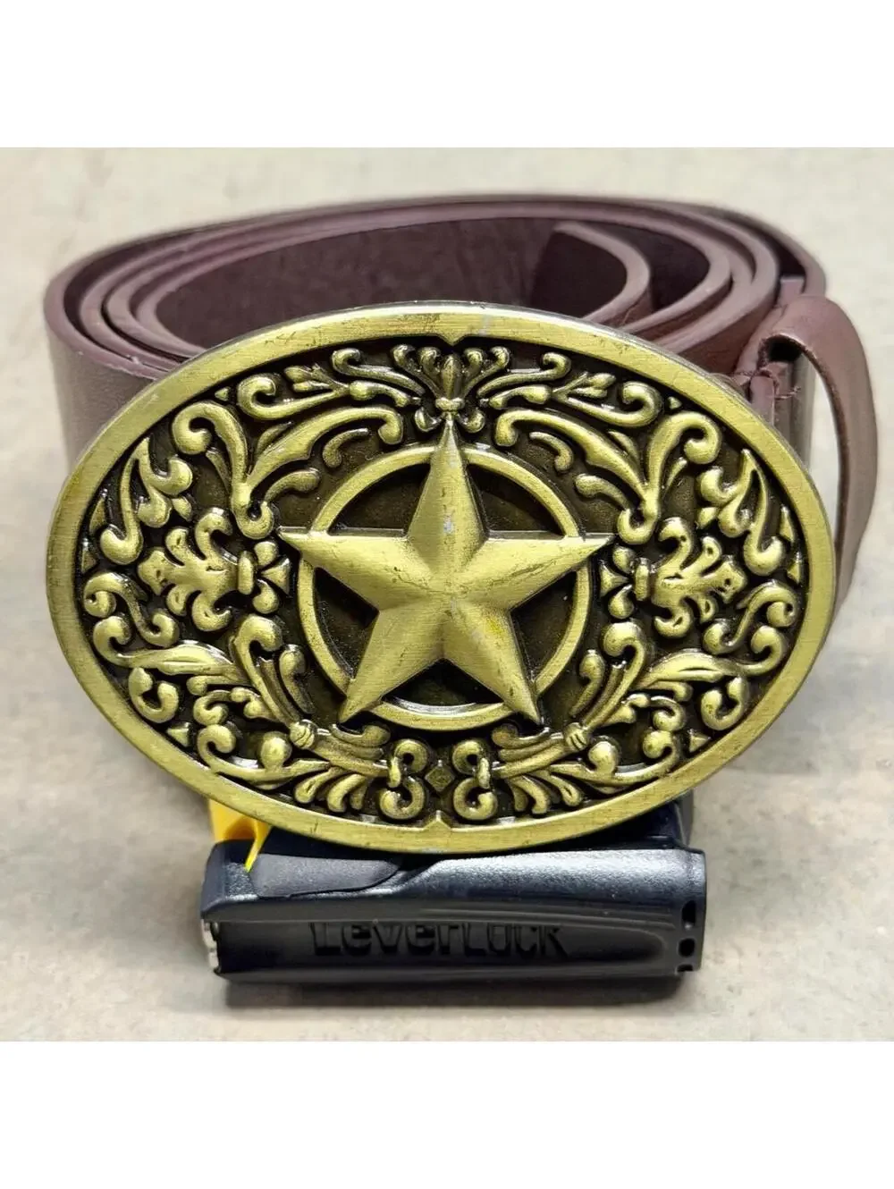 Vintage Y2K Brown Leather Belt with Tribal Fleur De Lis Star Gold Big Buckle